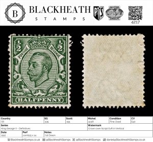 4217: GB SG335 ½d Green. 1912. Sc#155 Mi123IX Fine Used. C£40