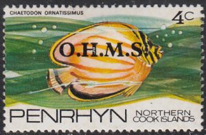 Penrhyn 1978 MH Sc #O4 O.M.H.S. on 4c Chaetodon ornatissimus Fish