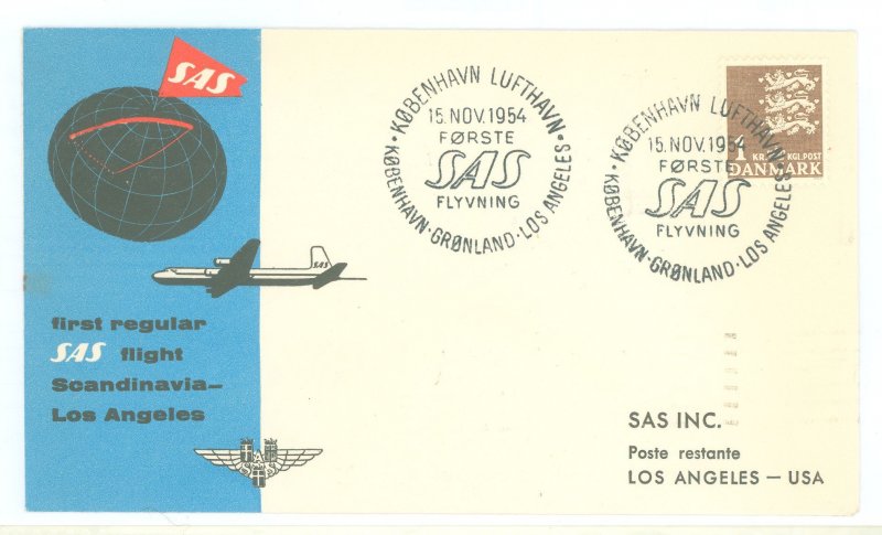 Denmark 297 1954 First flight cover via Sas Denmark to Los Angeles, CA