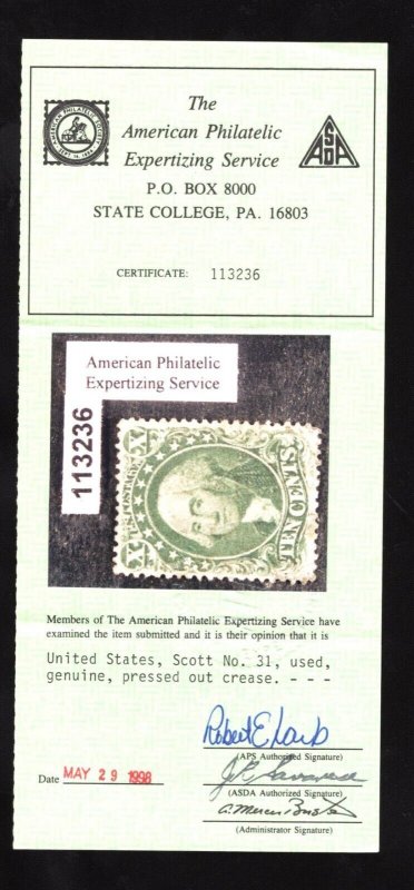 MOMEN: US STAMPS #31 USED APS CERT LOT #78225* 