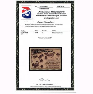 EXCELLENT GENUINE SCOTT #RW8 F-VF USED 1941 FEDERAL DUCK HUNTING STAMP PSE CERT