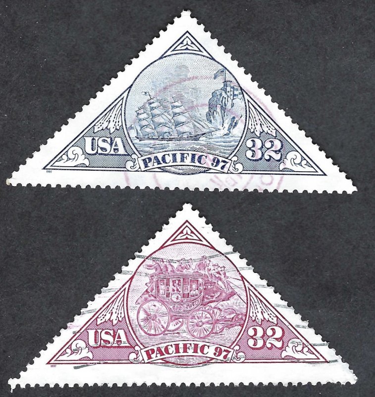 United States #3130-31 2x32¢ Pacific 97 - Stagecoact & Ship (1997). Used.