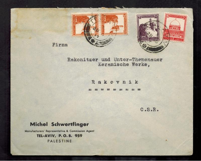 1937 Tel Aviv Palestine Cover to Rakovnik Czechoslovakia Michel Schwertflinger