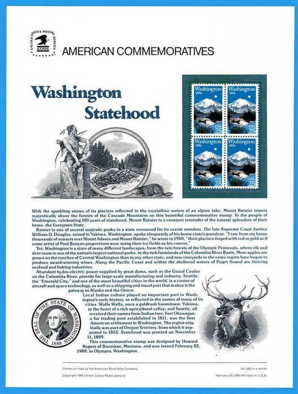 USPS COMMEMORATIVE PANEL #326 WASHINGTON STATEHOOD #2404