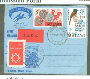 Malawi  1971 30t plus 8t, used from Limbe, local label with Chelsea cancel