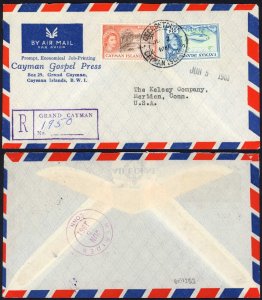 Cayman Islands 1961 reg d airmail cover to USA 1s3d rate GEORGETOWN pmk