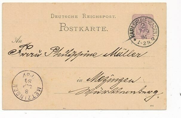 D69331 Karlsruhe Baden 1884 Germany Postal Stationery Metzingen