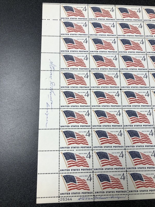 US 1132 U.S. Flag 4 Cent Sheet Of 50   Signed Twice By Designer Steven Dohanos.