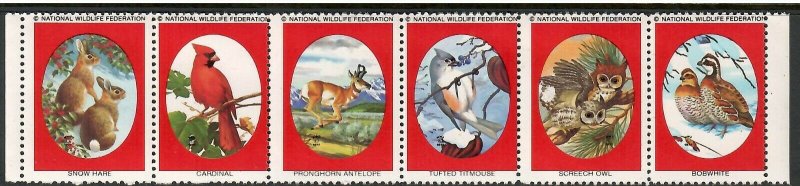 National Wildlife Federation Strip of 6 Diff 1977 Wildlife Stamps  I Combine S/H