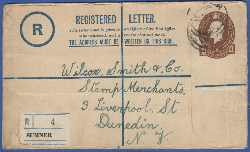 NEW ZEALAND 1925 4d KGV Used Reg. Envelope SUMNER to Dunedin, H&G C11b