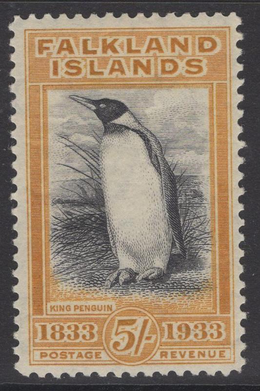 FALKLAND ISLANDS SG136a 1933 5/= CENTENARY BLACK & YELLOW-ORANGE LIGHT MTD MINT