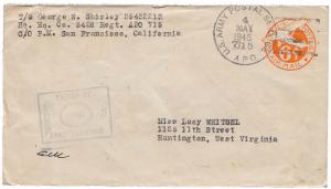 United States A.P.O.'s 6c Monoplane Air Envelope 1945 U.S. Army Postal Servic...