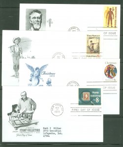 US 1469-71/1474 1972 4 addressed FDCs with artmaster cachets; Osteopathic medicine, Tom Sawyer, Christmas, stamp collecting.