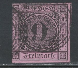 German States - Baden 1851 Value Numeral 9kr Scott # 4 Used