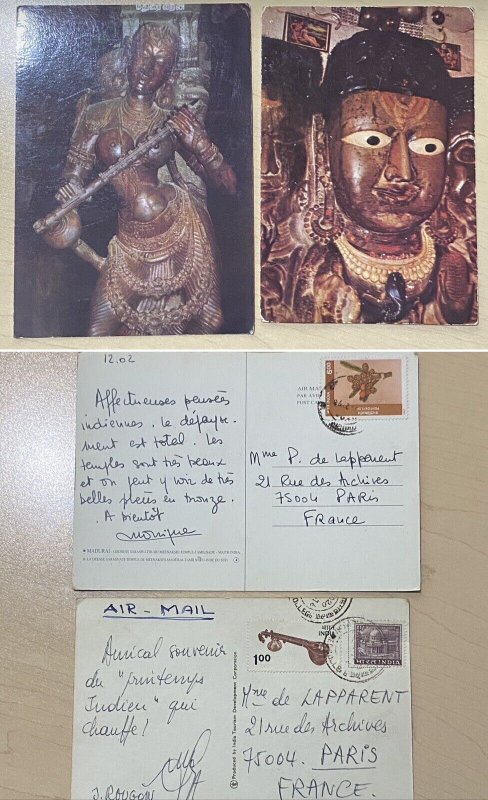 2 Indian Postcards From 1960s & 2002 With Stamps Sent From India To France Rare