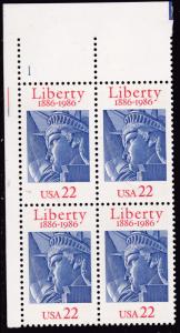 United States 1986 22c Statue of Liberty 1886-1986 Plate Number Block  VF/NH