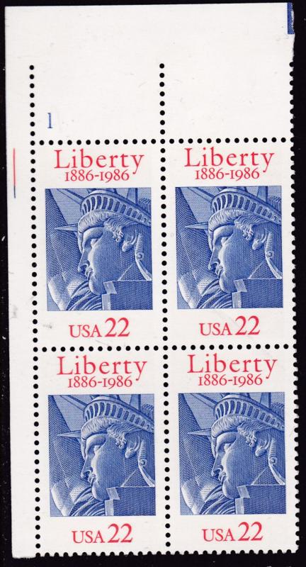 United States 1986 22c Statue of Liberty 1886-1986 Plate Number Block  VF/NH