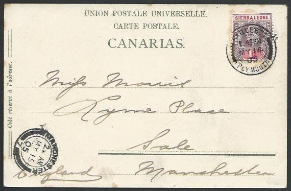 SIERRA LEONE 1905 postcard EVII 1d cancelled PAQUEBOT / PLYMOUTH cds.......56973 