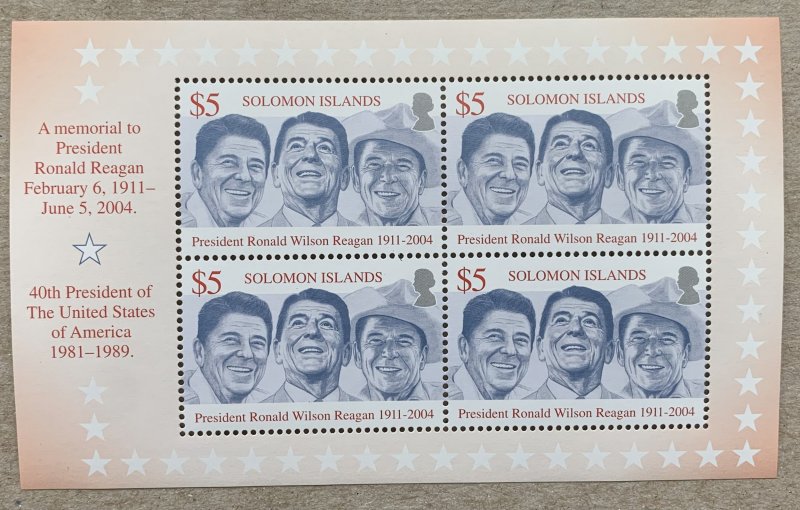 Solomon Islands 2004 Ronald Reagan in sheetlet of 4, MNH. Scott 976, CV $25.00