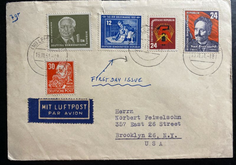 1951 Leipzig East Germany DDR First Day Airmail Cover To Brooklyn NY USA