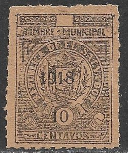 EL SALVADOR 1918 10c ARMS Municipal Revenue Ross M211 MNGAI