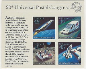 Scott # C126 1989 45c multi   Future  Mail Transportation  S/S of 4 Plate Blc...