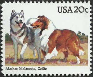 U.S.#2100 Dogs 20c Single, MNH.  Alaskan Malamute & Collie