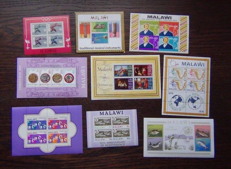 Malawi 9 x M/S 1972-75 Olympics Music Fish UPU Independence Livingstone etc MNH