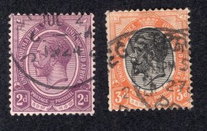 South Africa 1913 2p dull violet & 3p brown orange & black, Scott 5, 7 used