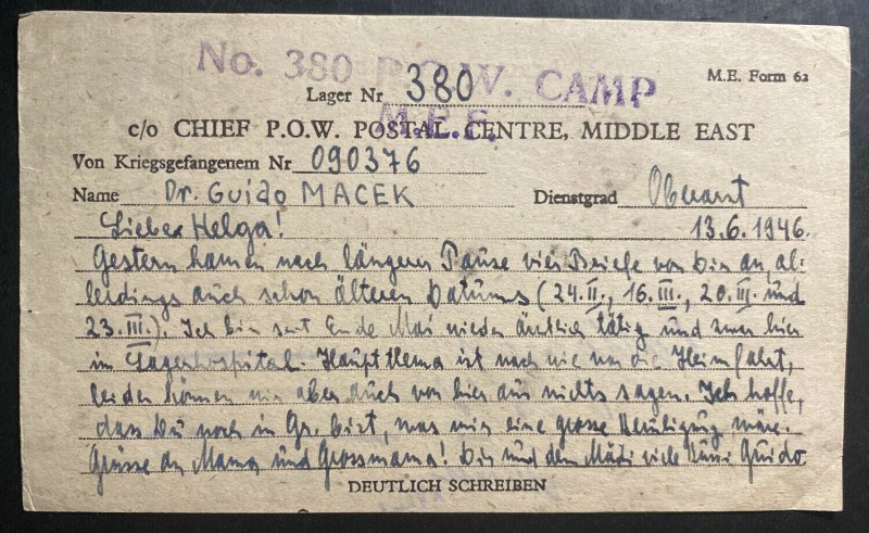 1946 Italian Prisoner Of War MEF POW Postcard Cover To Vienna Austria DR Macek