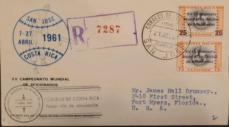 J) 1961 COSTA RICA, XV WORLD AMATEUR BASEBALL CHAMPIONSHIP, MULTIPLE STAMPS, REG