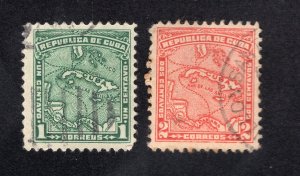 Cuba 1914 1c green & 2c carmine rose Map, Scott 253-254 used, value = 50c