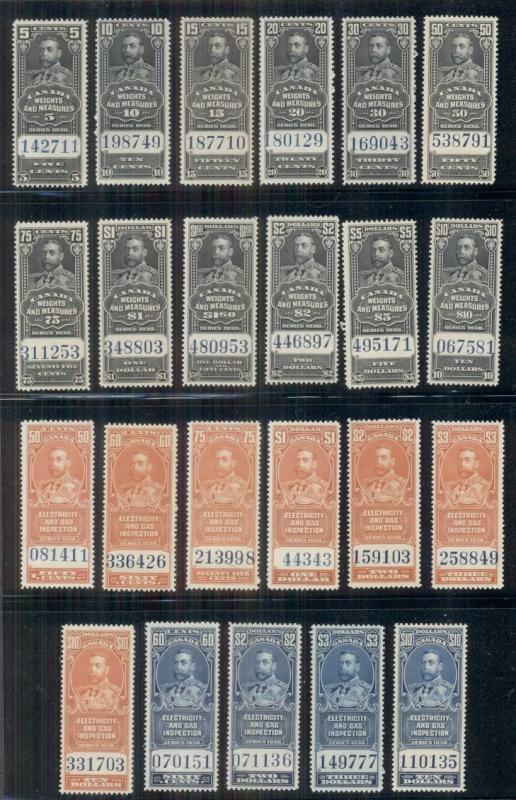 CANADA EARLY REVENUE sets, Geo V, FEG 1-11 and FWM 60-71, all og, NH, VF