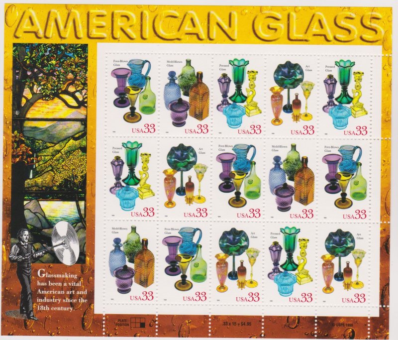 US 3325-3328, MNH Sheet of 15, American Glass, 1999