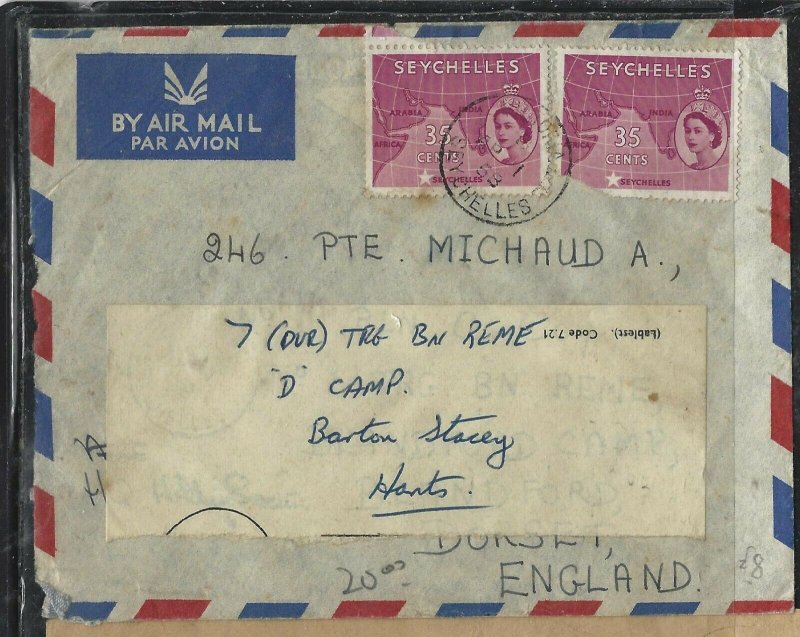 SEYCHELLES  (P1708B) COVER 1958 COVER QEII 35C MAP X2 COVER TO ENGLAND