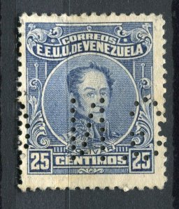 VENEZUELA; Early 1900s classic Official issue used 25c. + PERFIN ' GN '