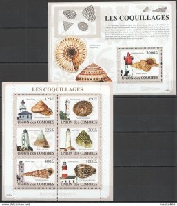 2009 Comoros Fish & Marine Life Seashells & Lighthouses Kb+Bl ** Uc057