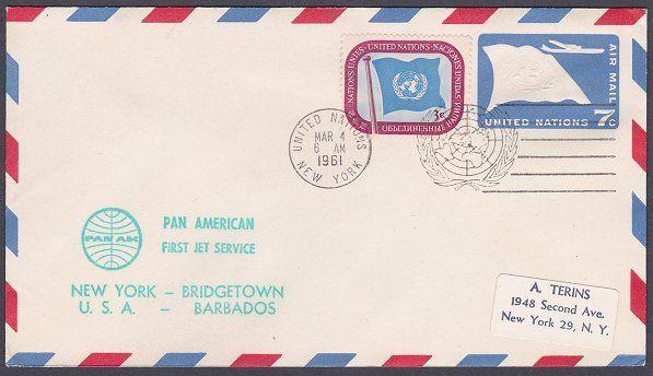 USA UN FRANKING 1961 first flight cover NY to Bridgetown Barbados...........7138