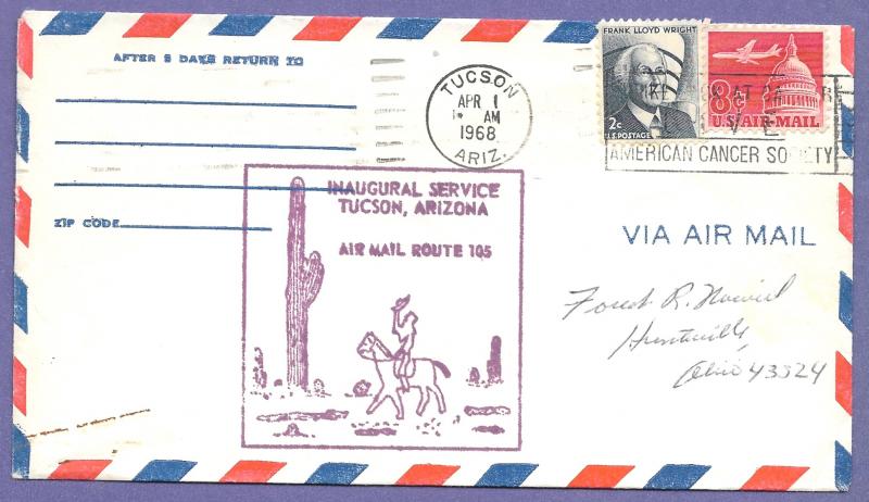 105W39 - TUCSON, 1968 BONANZA A/L, CAM 105 FIRST FLIGHT AIRMAIL COVER