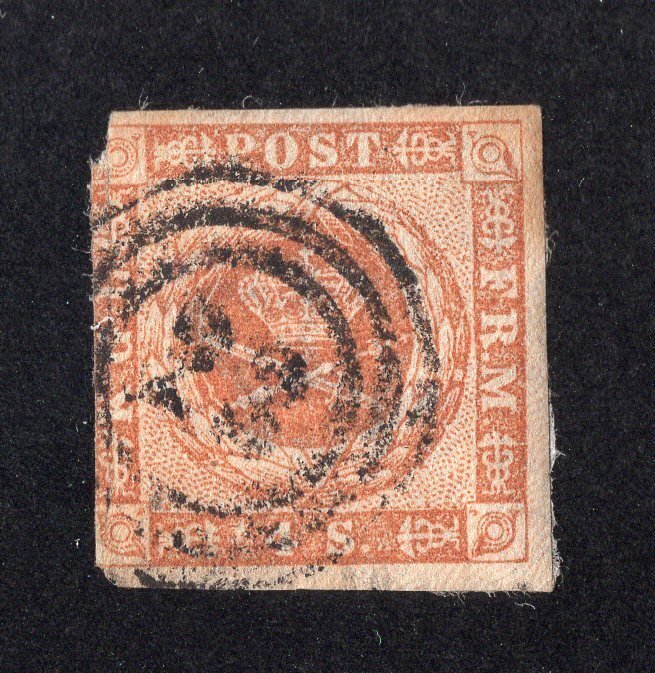 Denmark 1854 4s brown, Scott 4 used, value = $15.00
