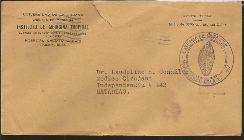 J) 1946 CUBA-CARIBE, INSTITUTE OF TROPICAL MEDICINE, PENALTY COVER, PURPLE