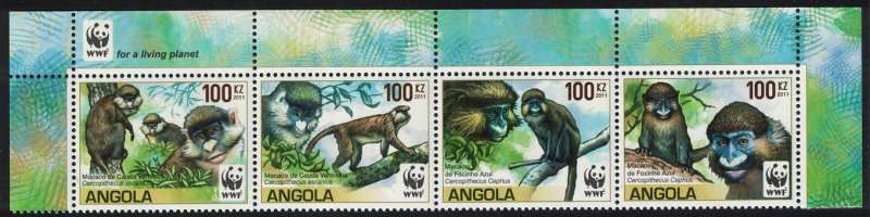 Angola WWF Monkeys Guenons Top strip of 4 with WWF Logo SG#1815-1818 SALE BELOW