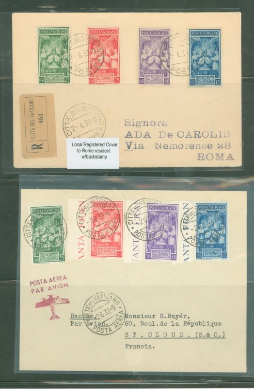 Vatican City 68-71 1939 Coronation Pius XII, 2 FDC's, One local reg'd. to Rome with backstamp, other via airmail (f...