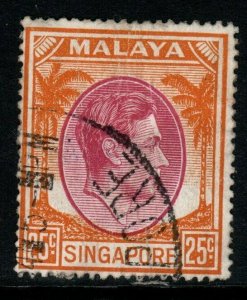 SINGAPORE SG25 1950 25c PURPLE & ORANGE p17½x18 FINE USED