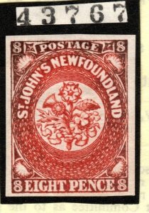 NEWFOUNDLAND SG8 1857 8d SCARLET-VERMILION WITH BPA CERT MTD MINT