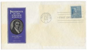 1939 Prexie Coil FDC, #845, 5c James Monroe, Ioor