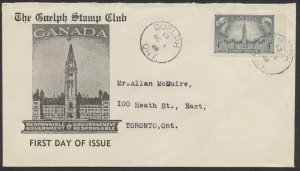 1948 #277 Responsible Gov't FDC, Guelph Stamp Club Cachet, Guelph ONT CDS