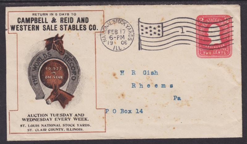 US Sc U387 used 1906 Campbell & Reid and Western Sales Stables Advertising Cover