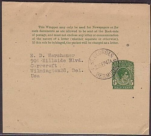 BERMUDA 1947 GVI ½d newspaper wrapper used to USA  (35350) 