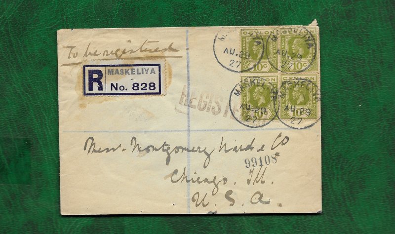 CEYLON 1927 REGISTERED COVER FROM MASKELIYA TO CHICAGO